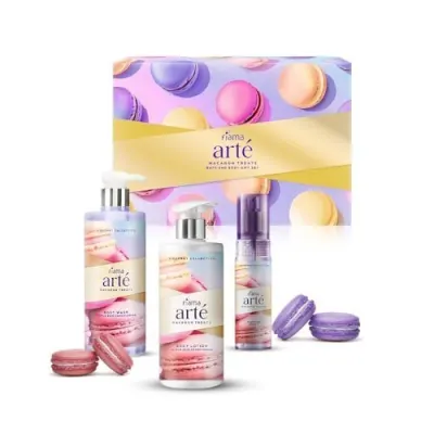 Fiama Arte Macaron Treats|Luxury Bath & Body Gift set, Pack Of 3|Gourmet Collection|Body Wash|Body Lotion|Perfume Spray|For Men and Women|Wi at ₹612