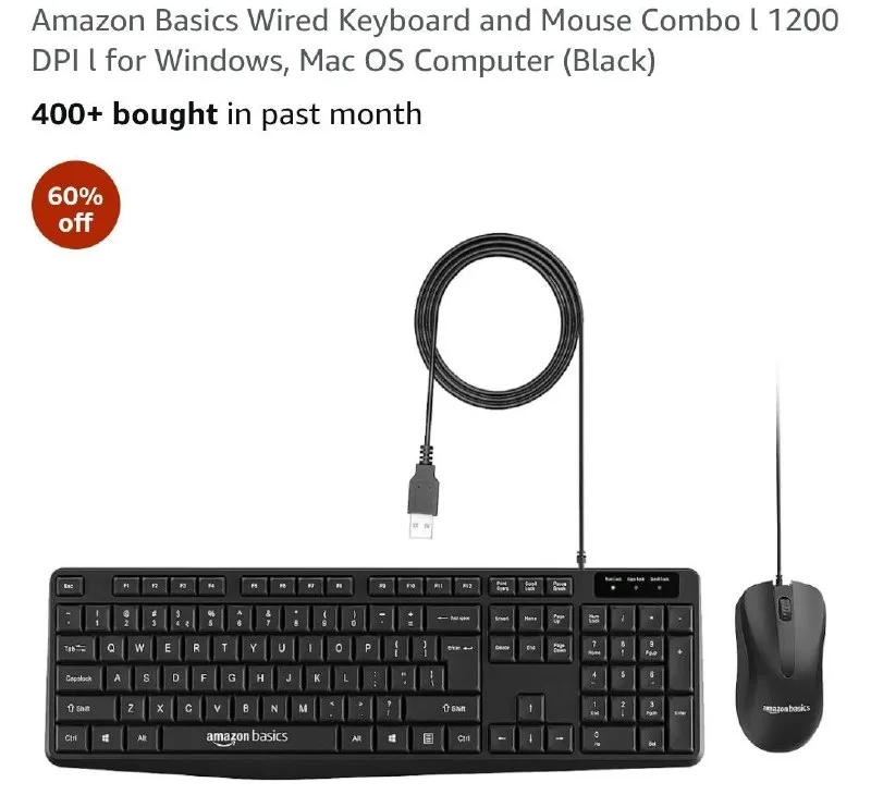 Amazon Basics Wired Keyboard & Mouse Combo at ₹399