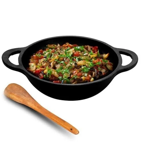 Lifelong Cast Iron Kadhai 24cm with Wooden Spatula | 3.3L, 2.4kg | Pre-Seasoned with Even Heat Distribution, Toxin & Teflon Free, Non-Stick, at ₹699