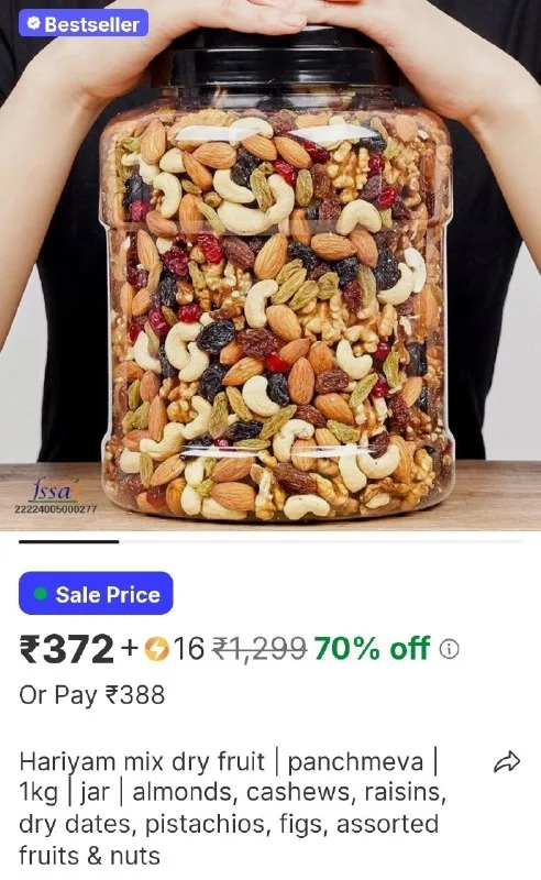 Hariyam mix dry fruit | panchmeva | 1kg | jar | almonds, cashews, raisins, dry dates, pistachios, figs, assorted fruits & nuts at ₹372