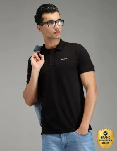 Pepe Jeans Men Solid Polo Neck Polycotton Black T-Shirt at ₹379