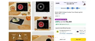 BAJAJ 2200 W Infrared Cooktop Touch Panel, Jog Dial at ₹3,391
