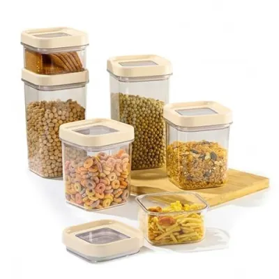 CELLO Airlock Square Pet Storage Jar for Kitchen Set of 6 Pcs White | 2 x 450ml, 2 x 900ml, 2 x 1350ml Fridge Safe Stackable Kitchen Storage at ₹560