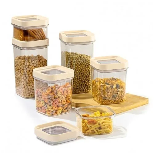 CELLO Airlock Square Pet Storage Jar for Kitchen Set of 6 Pcs White | 2 x 450ml, 2 x 900ml, 2 x 1350ml Fridge Safe Stackable Kitchen Storage at ₹560