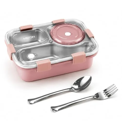 MILTON Meal Caddy Bento Stainless Steel Lunch Box, 3 Compartments, 4-Side Lock, with Tray, Spoon, Fork & Container for Kids, School, Office, at ₹499