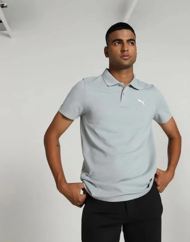 PUMA ESS Logo M Men Solid Polo Neck Pure Cotton Grey T-Shirt at ₹469