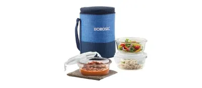 Borosil Borosilicate Glass Lunch Box with Bag (Prime, 400ml x 3) at ₹699