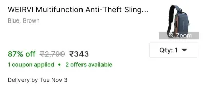 WEIRVI Multifunction Anti-Theft Sling Bag 1.5 L Backpack at ₹343