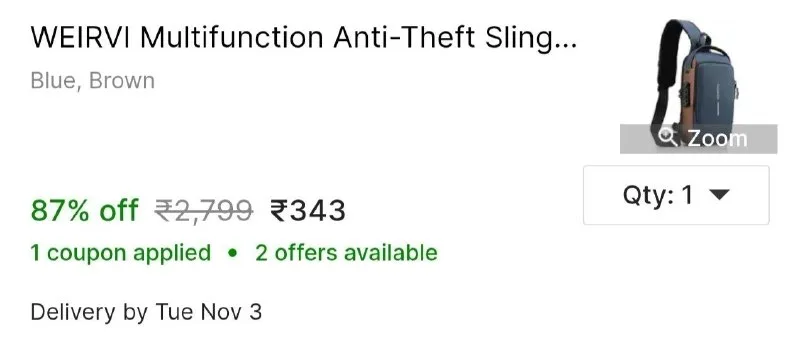WEIRVI Multifunction Anti-Theft Sling Bag 1.5 L Backpack at ₹343