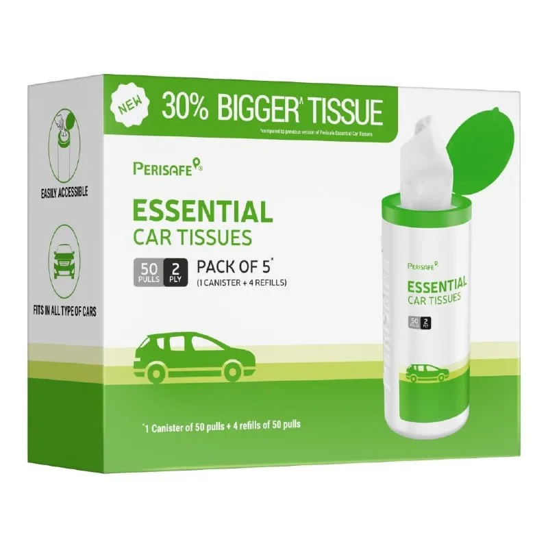 Perisafe Essential Car Tissues Pack of 5 (50 pulls 2 ply–250 pulls) at ₹155