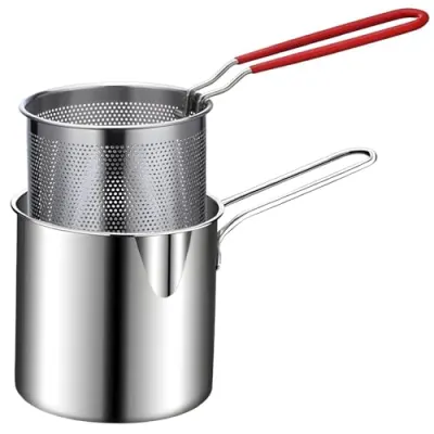 Small Deep Frying with Strainer Basket, 1200 ml Stainless Steel Fry Pan with Handle, Mini Oil Fryer Pan for French Fries, Chicken Wings, Shr at ₹85