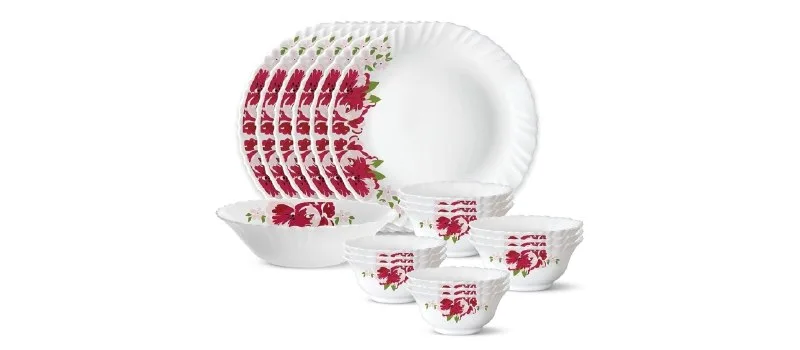 Larah by Borosil 19 Pieces Rose Red Opalware at ₹949