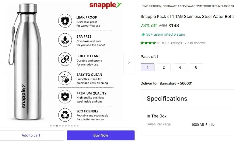 Snapple Pack 1000 Ml Bottle Steel (Pack Of 1) at ₹198
