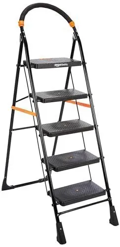 Amazon Basics Clamber - Foldable Step Ladder, Safety-Clutch Lock, Ribbed Steps, Knee Guard, Non-Marring PVC Shoes, 5 Steps (Steel, Black & O at ₹2,049