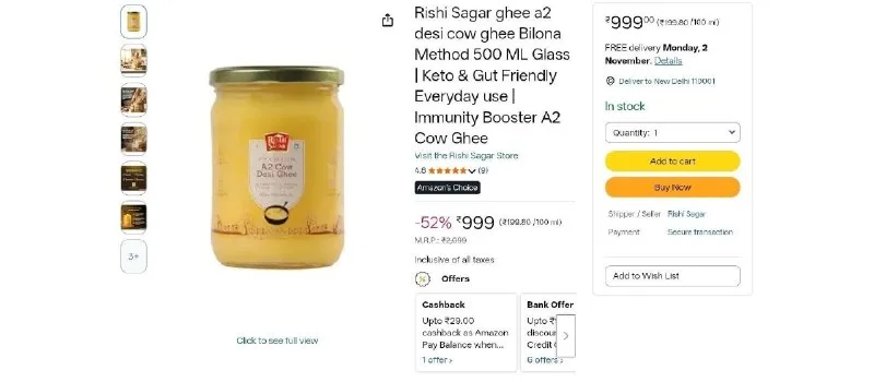 A2 Desi Cow Ghee Bilona Method 500ml Glass at ₹999