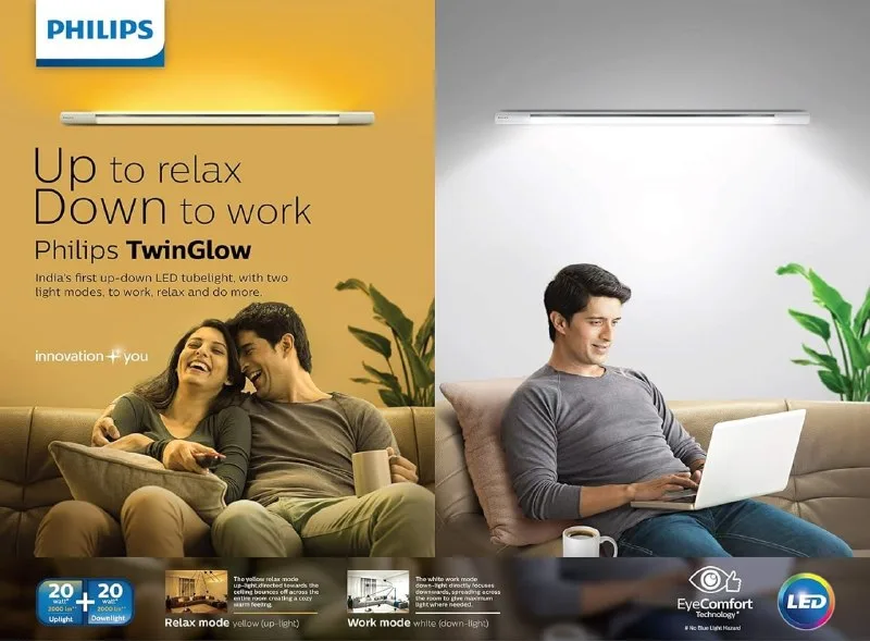 Philips Twinglow 20-Watt +20-Watt Led Up-Down Batten Tubelight at ₹899