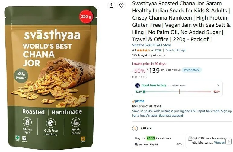 Svasthyaa Roasted Chana Jor Garam Healthy Snack for Kids & Adults at ₹139