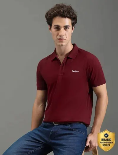 Pepe Jeans Men Solid Polo Neck Polycotton Maroon T-Shirt at ₹399