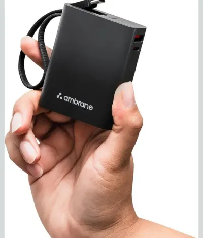Ambrane 10000mAh Smallest Pocket Size Powerbank, Hanging InBuilt Type C Cable, 22.5W Fast Charging at ₹899