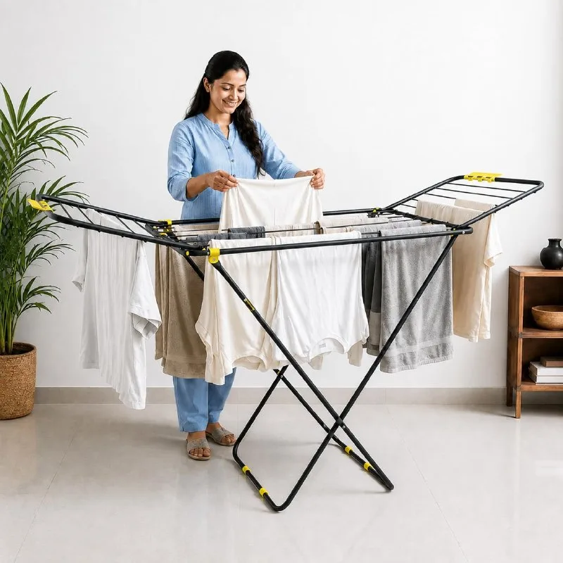 BonKaso Foldable Cloth Drying Stand for Drying Clothes, 3-Way Folding with 20 Drying Rails at ₹1,099
