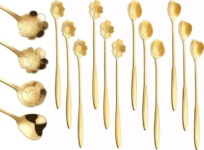 FIDEO Gold Flower Coffee Spoon Set of 4, Stainless Steel Dessert and Tea Spoons with Frosted Handles, Floral Mini Stirring Spoons for Coffee at ₹53