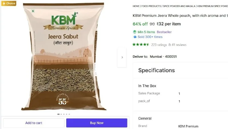 KBM Premium Jeera, 100gm at ₹32
