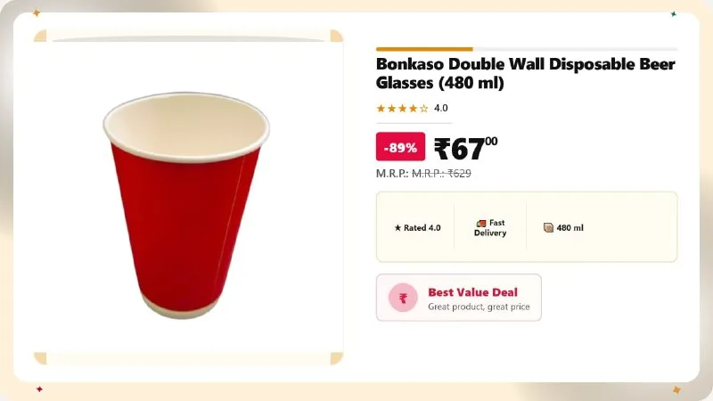 Bonkaso Double Wall Disposable Beer Glasses (480 ml) at ₹67