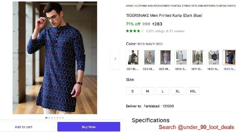 Men's Printed Kurta (Dark Blue) at ₹283