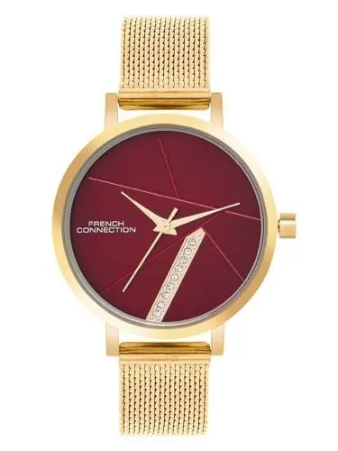 French Connection Sunray Maroon Round Dial with IP Gold Stainless Steel Mesh Strap Watch - for Womens FCN0137GM at ₹939
