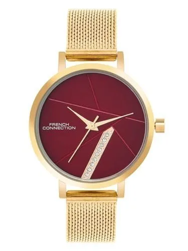 French Connection Sunray Maroon Round Dial with IP Gold Stainless Steel Mesh Strap Watch - for Womens FCN0137GM at ₹939