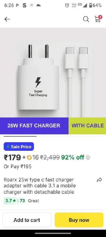 Roarx 25w type c fast charger adapter with cable 3.1 a mobile charger with detachable cable at ₹195