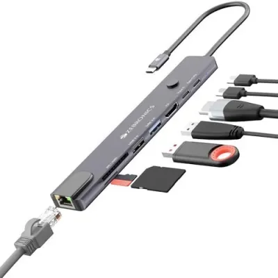 Zebronics 8-in-1 Type-C Multiport Hub, 100W PD Support, 5Gbps Data Transfer, HDMI 1.4 (4K) with On/Off Button, USB, SD, mSD, RJ45, Metal Bod at ₹749