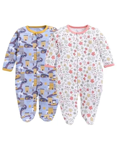 BABY GO Cotton Footed Baby Romper Jumpsuit Pack of 2 | Full Sleeve Sleepsuit | Onesies for Infants, New Born Baby Boys & Baby Girls at ₹379