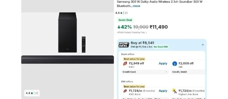 Samsung 300 W Dolby Audio Wireless 2.1ch Soundbar 300 W Bluetooth Soundbar at ₹8,541