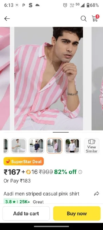 Aadi men striped casual pink shirt at ₹167