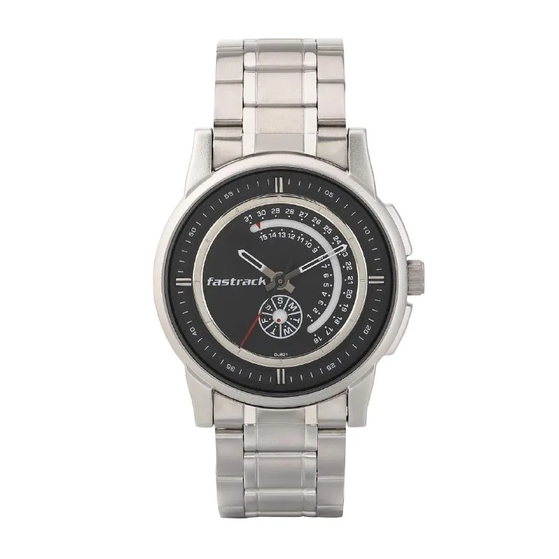 Fastrack Go Skate Quartz Analog with Day and Date Black Dial Silver Stainless Steel Strap Watch at ₹1,773