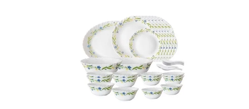 Larah by Borosil Cripper Opalware Dinner Set, 33-Pieces, White at ₹1,535
