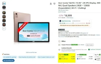 Acer Iconia Tab 10 8GB 128GB Tablet at ₹16,749