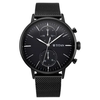 Titan Light Leathers Quartz Multifunction Black Dial Black Stainless Steel Strap Watch for Men at ₹5,096