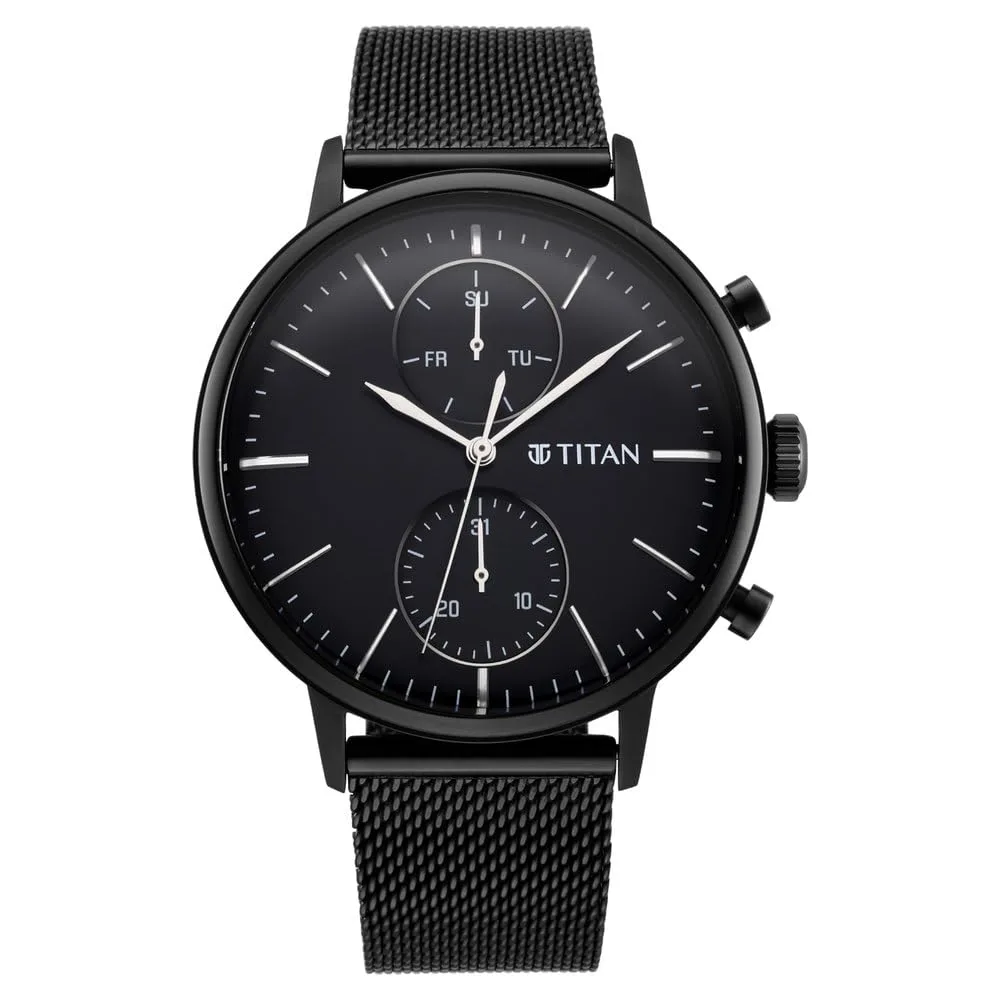 Titan Light Leathers Quartz Multifunction Black Dial Black Stainless Steel Strap Watch for Men at ₹5,096