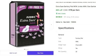 XXXL Size Sanitary Pad (Pack of 40+10 Pantyliner) at ₹178