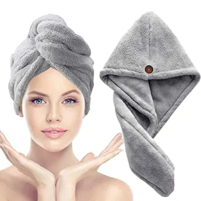 Microfiber Hair Towel for Women Men, 500 GSM Super Absorbent Hair Drying Towel Wrap with Button, Quick Dry Hair Turban Cap, Soft Lightweight at ₹69