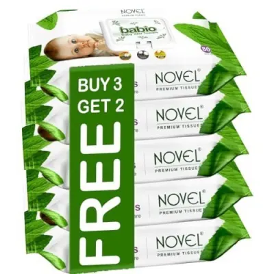 Novel Baby Wet Wipes 80 Wipes x Pack of 5 (400 Wipes) | Aloe Vera, Chamomile, Vitamin E Enriched | pH Balanced, Alcohol, Hypoallergenic & Pa at ₹201