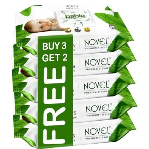 Novel Baby Wet Wipes 80 Wipes x Pack of 5 (400 Wipes) | Aloe Vera, Chamomile, Vitamin E Enriched | pH Balanced, Alcohol, Hypoallergenic & Pa at ₹201
