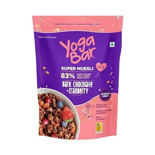 Yogabar Dark Chocolate & Cranberry Muesli with chia and flax seeds 450g - Breakfast Cereal with 83% Whole Grains, Nuts and Seeds, & Dried Fr at ₹199