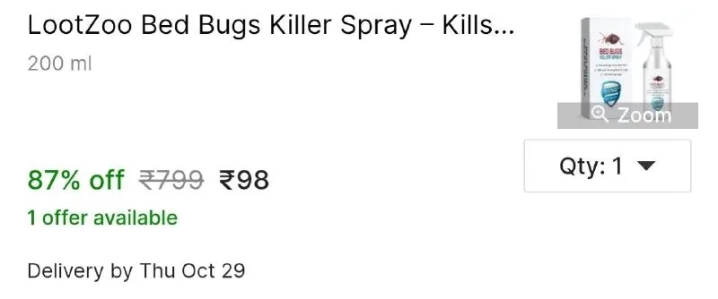 LootZoo Bed Bugs Killer Spray – Kills Bugs & Eggs, Long Lasting Effect at ₹98