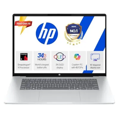 HP Smartchoice Omnibook 5 OLED (Previously Pavilion), Snapdragon X Processor 45 Tops (16GB LPDDR5x,1TB SSD) 2K,16''/40.6cm, Win11, Office24, at ₹63,24