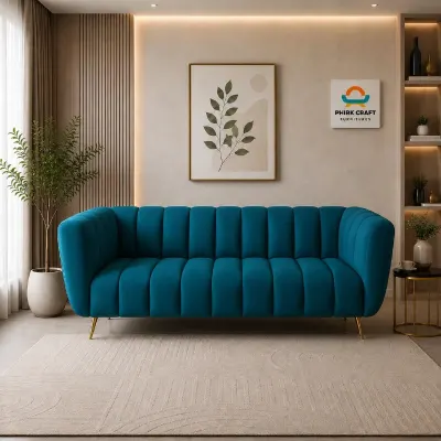 Velvet 3-Seater Kiki Sofa for Living Room | Modern Upholstered Couch with Channel-Tufted Backrest & Metal Accent Legs at ₹16,499