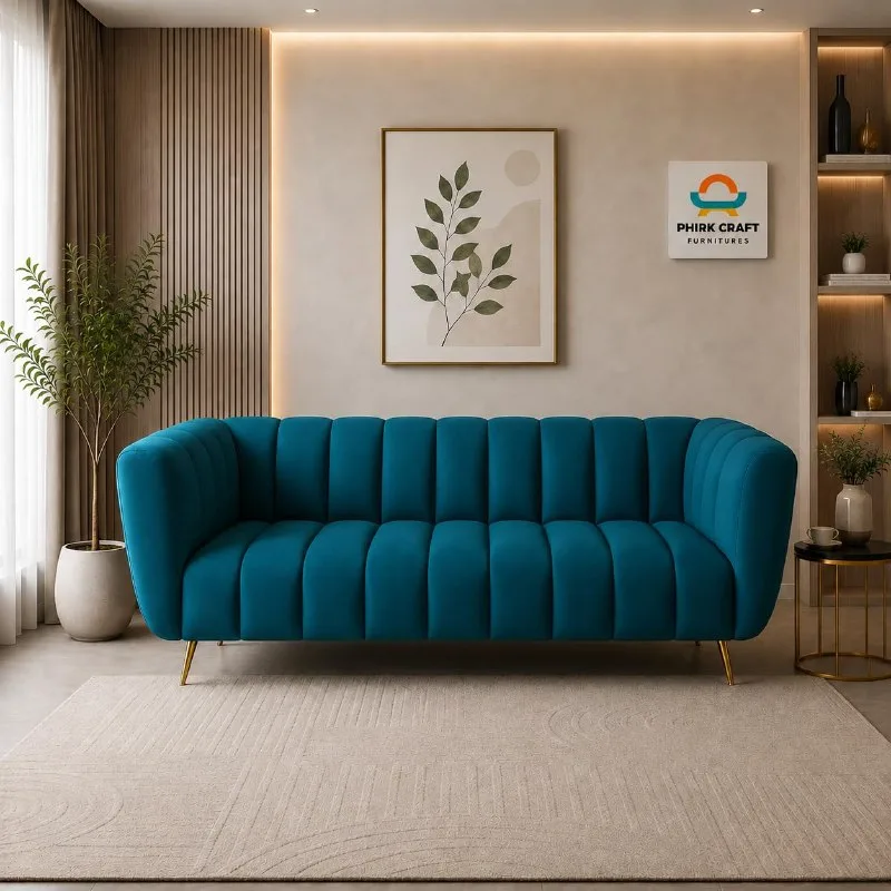 Velvet 3-Seater Kiki Sofa for Living Room | Modern Upholstered Couch with Channel-Tufted Backrest & Metal Accent Legs at ₹16,499