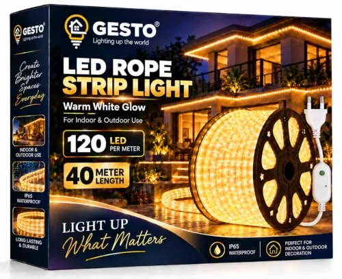 Gesto 40 Meter Warm White LED Rope Strip Light | 120 LEDs/Mtr | Cuttable Every 1M | IP65 Waterproof Indoor & Outdoor Lights for Balcony, Hom at ₹1,551